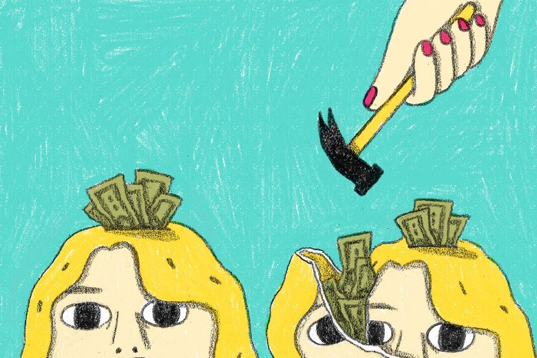 Two ceramic heads, one with money in the slot and the other cracked open with a hammer, revealing many dollar bills.